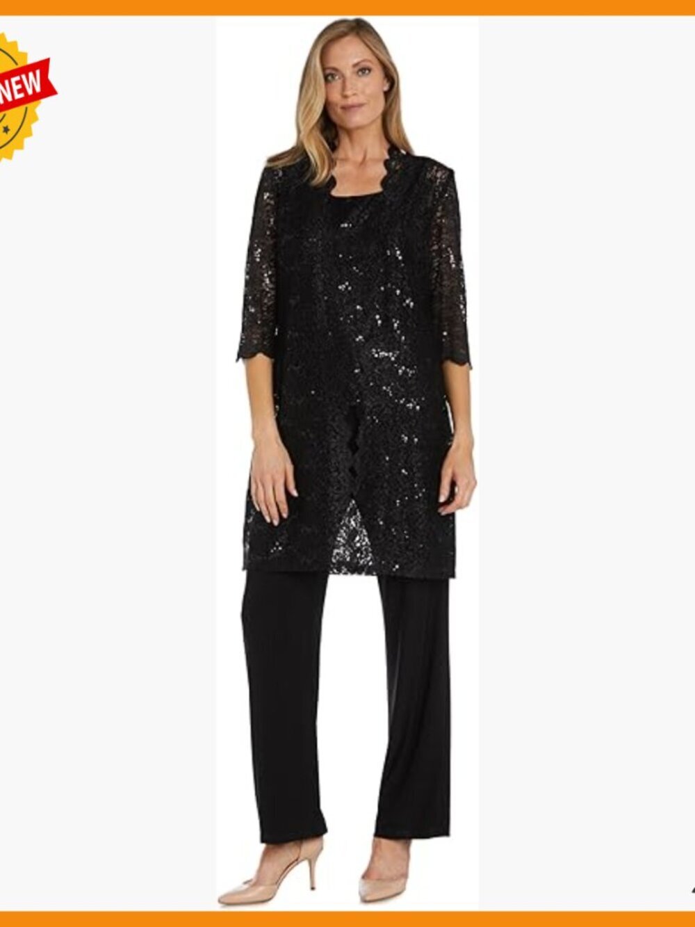 3-Piece Glitter Lace Pant Set with Duster Jacket and Tank Top